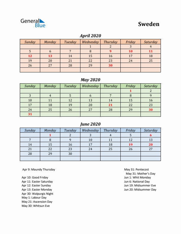 Q2 2020 Holiday Calendar - Sweden