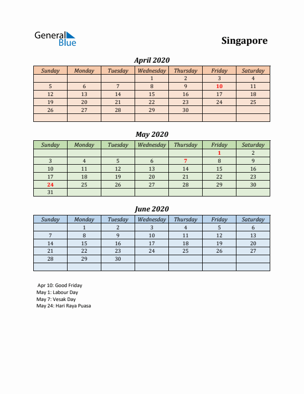 Q2 2020 Holiday Calendar - Singapore