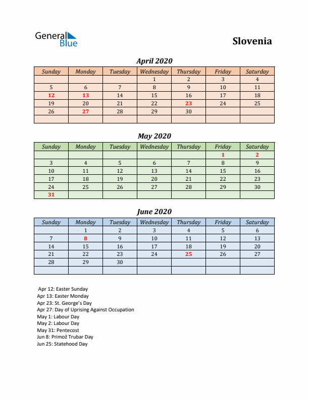 Q2 2020 Holiday Calendar - Slovenia