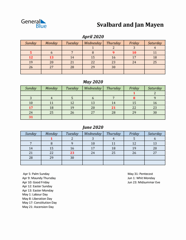 Q2 2020 Holiday Calendar - Svalbard and Jan Mayen