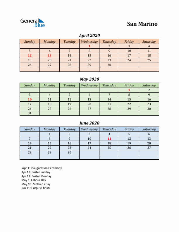 Q2 2020 Holiday Calendar - San Marino