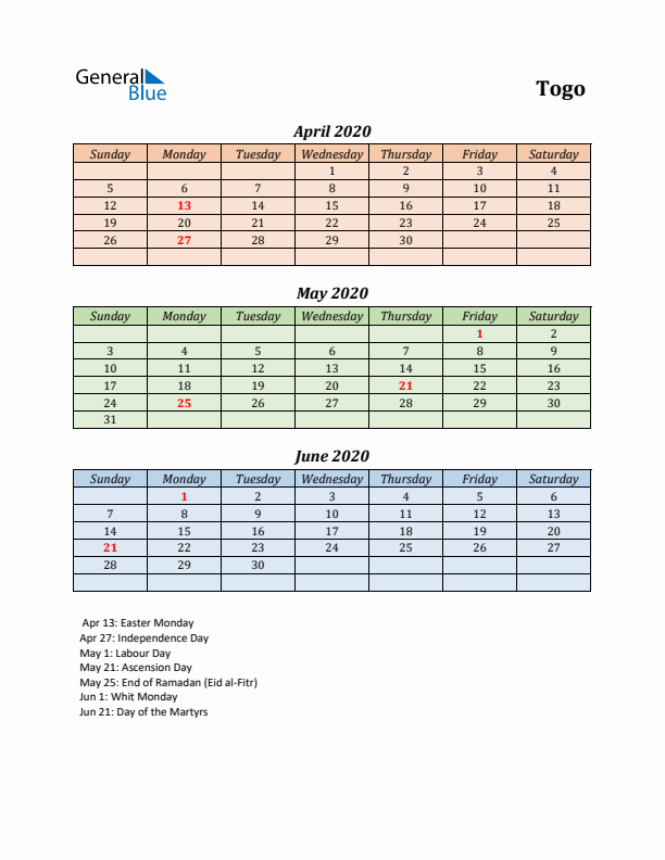 Q2 2020 Holiday Calendar - Togo