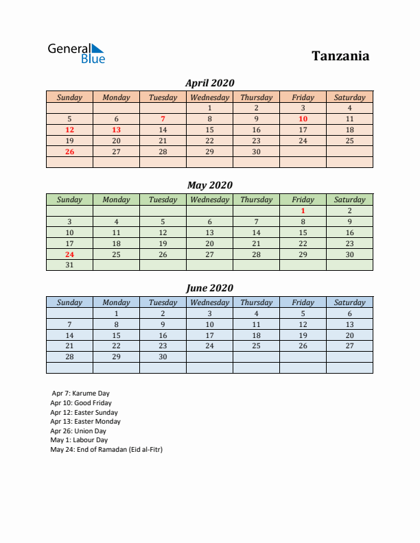 Q2 2020 Holiday Calendar - Tanzania