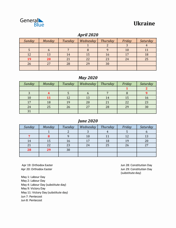 Q2 2020 Holiday Calendar - Ukraine