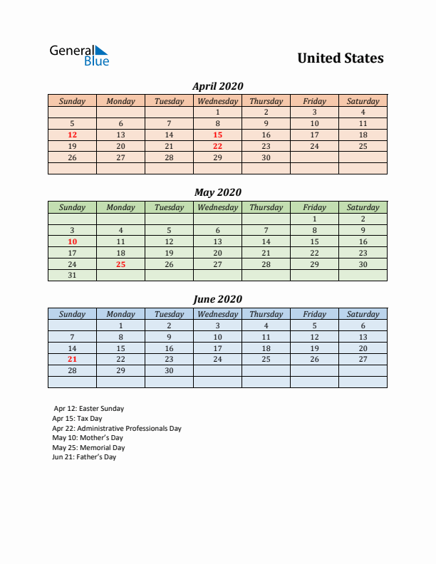 Q2 2020 Holiday Calendar - United States