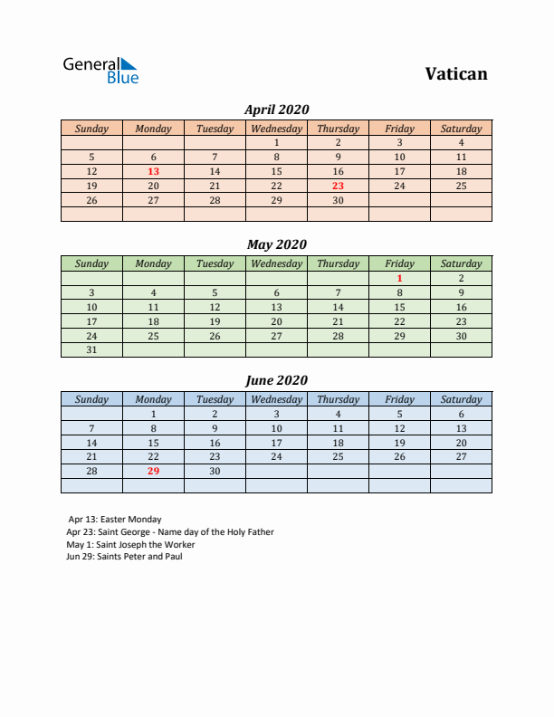 Q2 2020 Holiday Calendar - Vatican