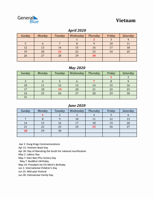 Q2 2020 Holiday Calendar - Vietnam