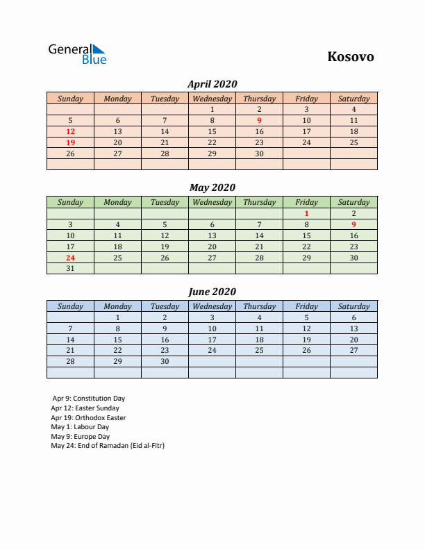 Q2 2020 Holiday Calendar - Kosovo