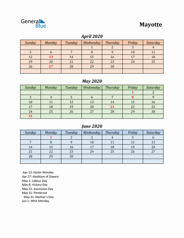 Q2 2020 Holiday Calendar - Mayotte