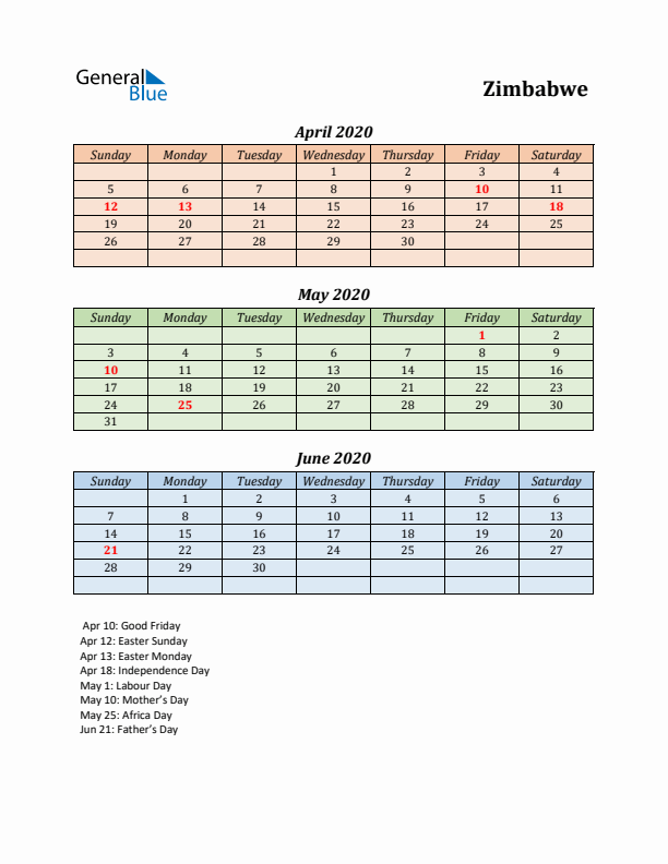 Q2 2020 Holiday Calendar - Zimbabwe