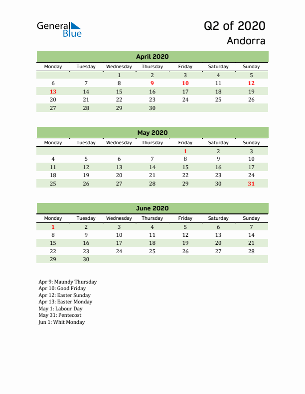 Quarterly Calendar 2020 with Andorra Holidays