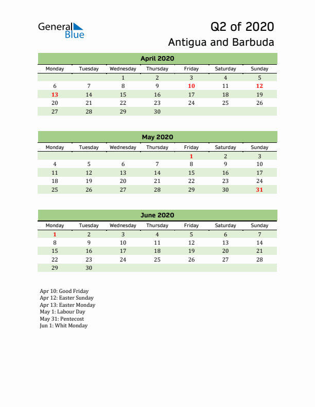 Quarterly Calendar 2020 with Antigua and Barbuda Holidays