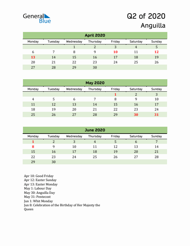 Quarterly Calendar 2020 with Anguilla Holidays