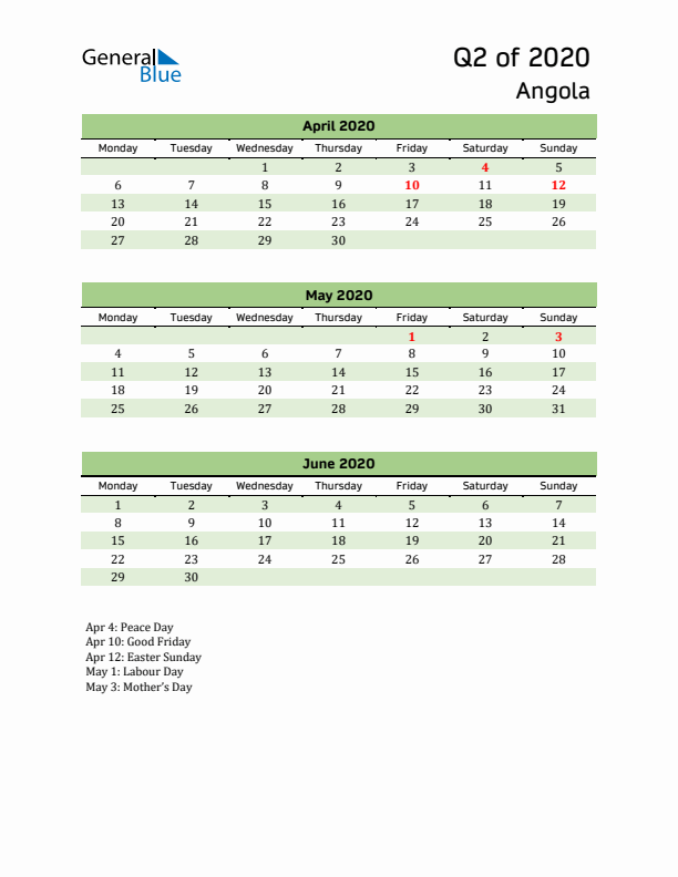 Quarterly Calendar 2020 with Angola Holidays