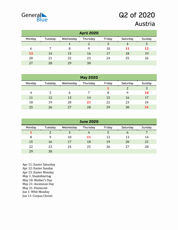 Quarterly Calendar 2020 with Austria Holidays