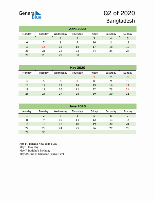 Quarterly Calendar 2020 with Bangladesh Holidays