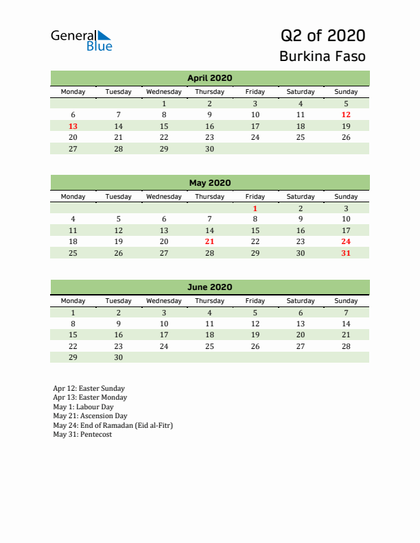 Quarterly Calendar 2020 with Burkina Faso Holidays