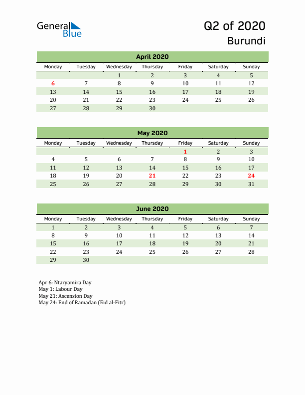 Quarterly Calendar 2020 with Burundi Holidays