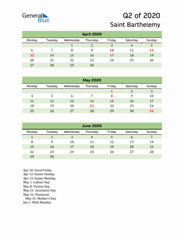 Quarterly Calendar 2020 with Saint Barthelemy Holidays