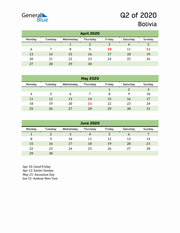 Quarterly Calendar 2020 with Bolivia Holidays