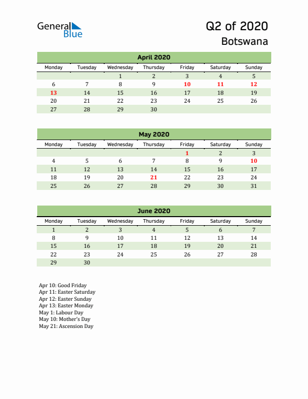 Quarterly Calendar 2020 with Botswana Holidays