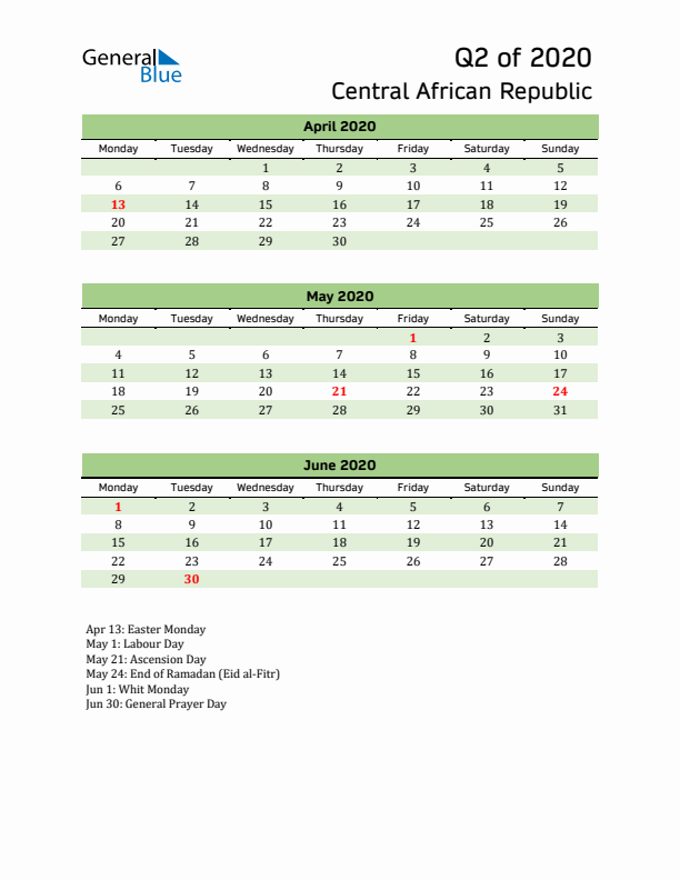 Quarterly Calendar 2020 with Central African Republic Holidays