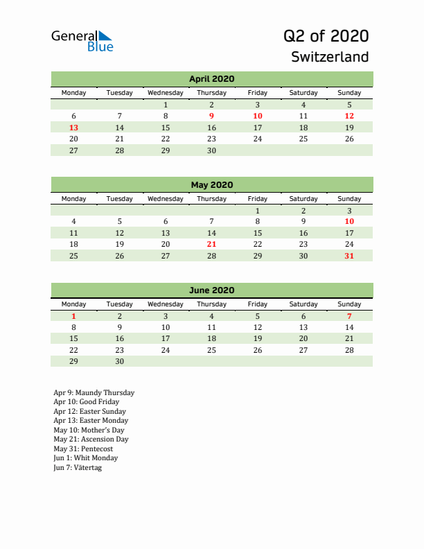 Quarterly Calendar 2020 with Switzerland Holidays