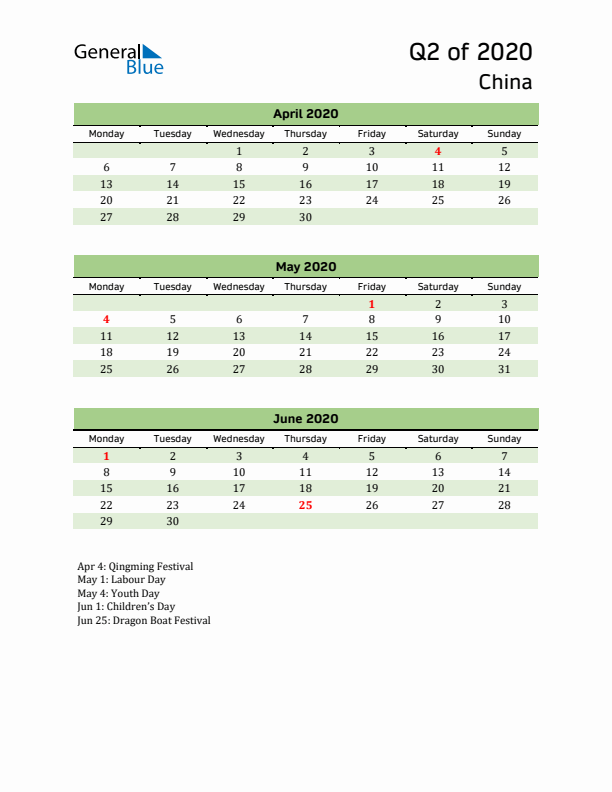 Quarterly Calendar 2020 with China Holidays