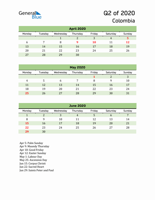 Quarterly Calendar 2020 with Colombia Holidays