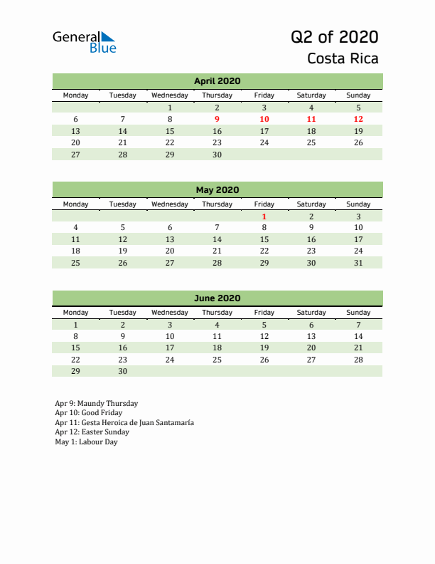 Quarterly Calendar 2020 with Costa Rica Holidays