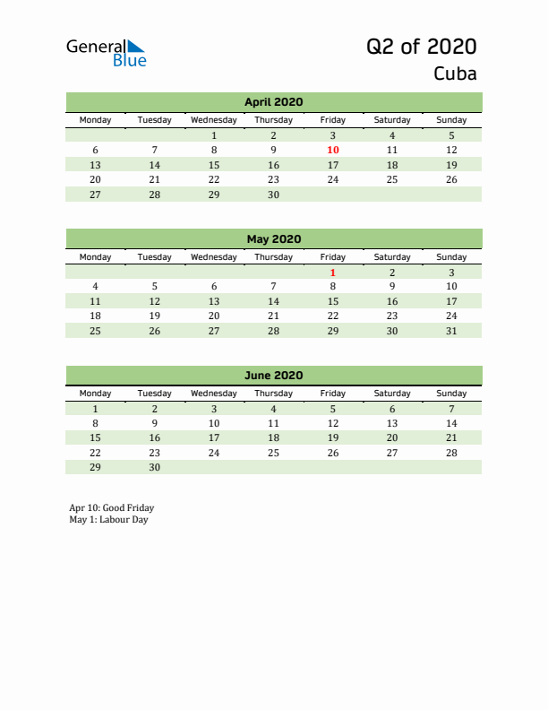 Quarterly Calendar 2020 with Cuba Holidays