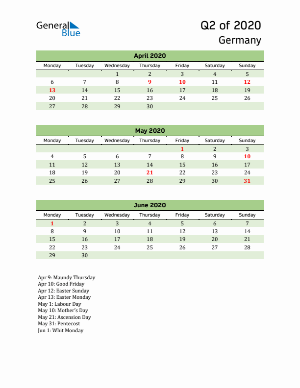 Quarterly Calendar 2020 with Germany Holidays