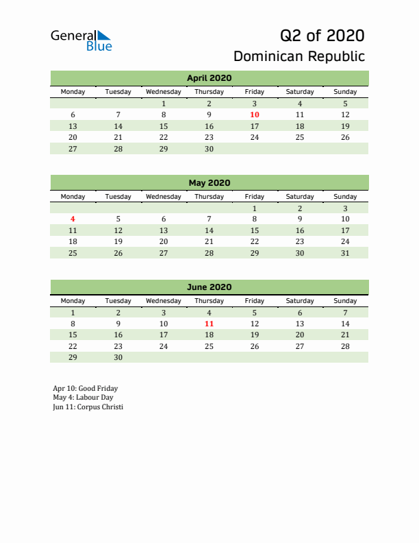 Quarterly Calendar 2020 with Dominican Republic Holidays