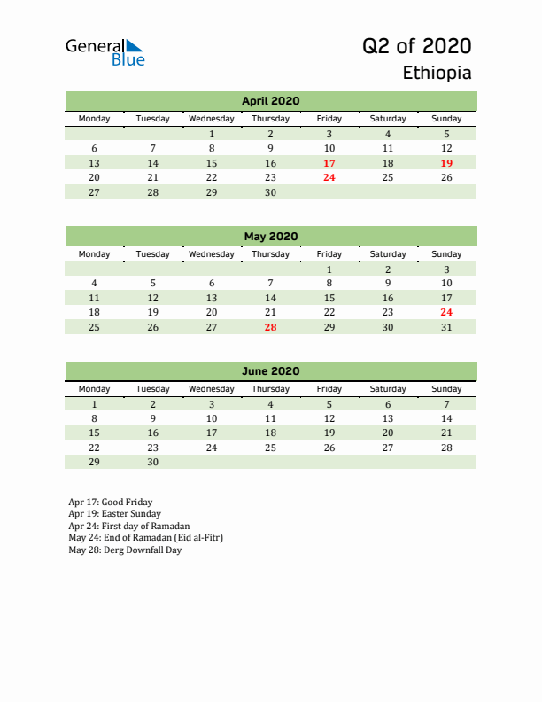 Quarterly Calendar 2020 with Ethiopia Holidays