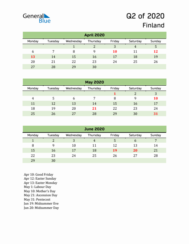 Quarterly Calendar 2020 with Finland Holidays