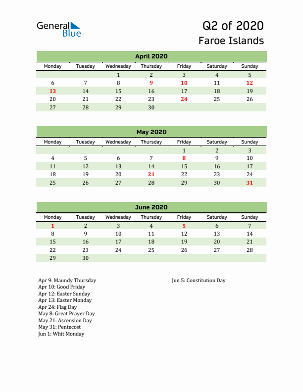 Quarterly Calendar 2020 with Faroe Islands Holidays