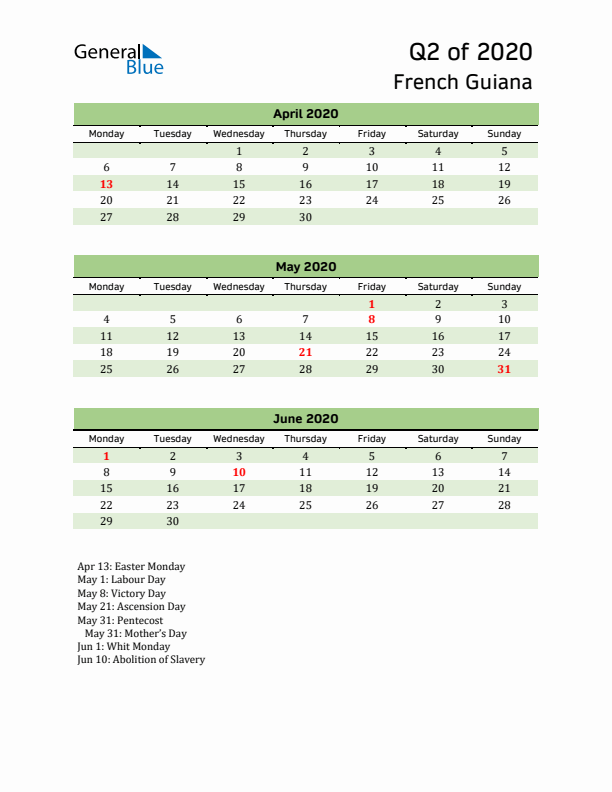 Quarterly Calendar 2020 with French Guiana Holidays