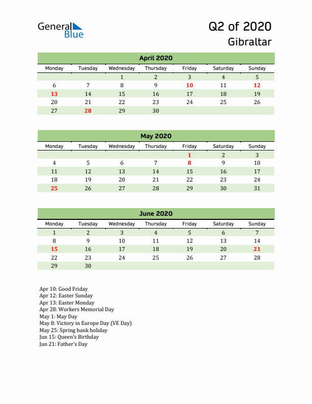 Quarterly Calendar 2020 with Gibraltar Holidays