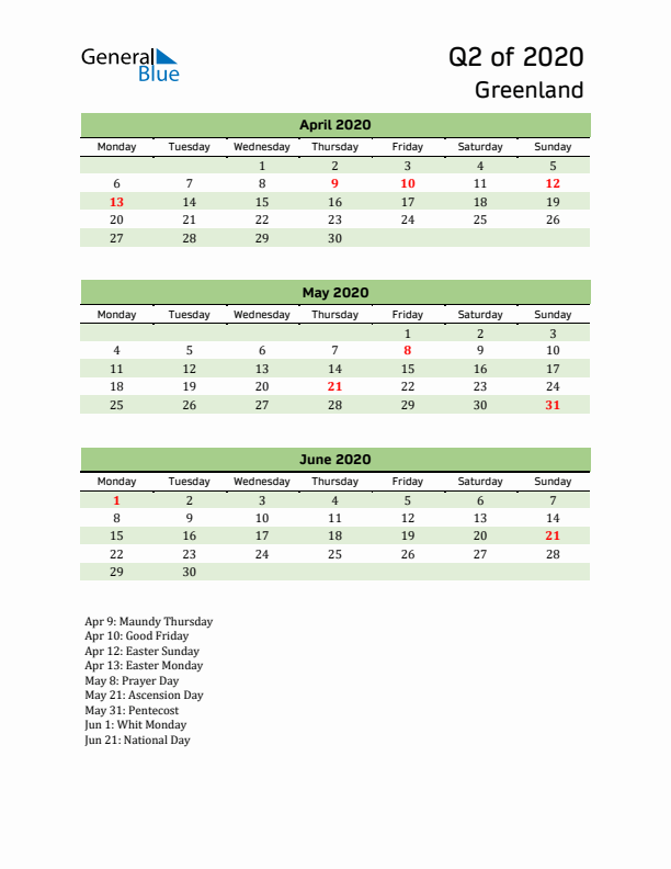 Quarterly Calendar 2020 with Greenland Holidays