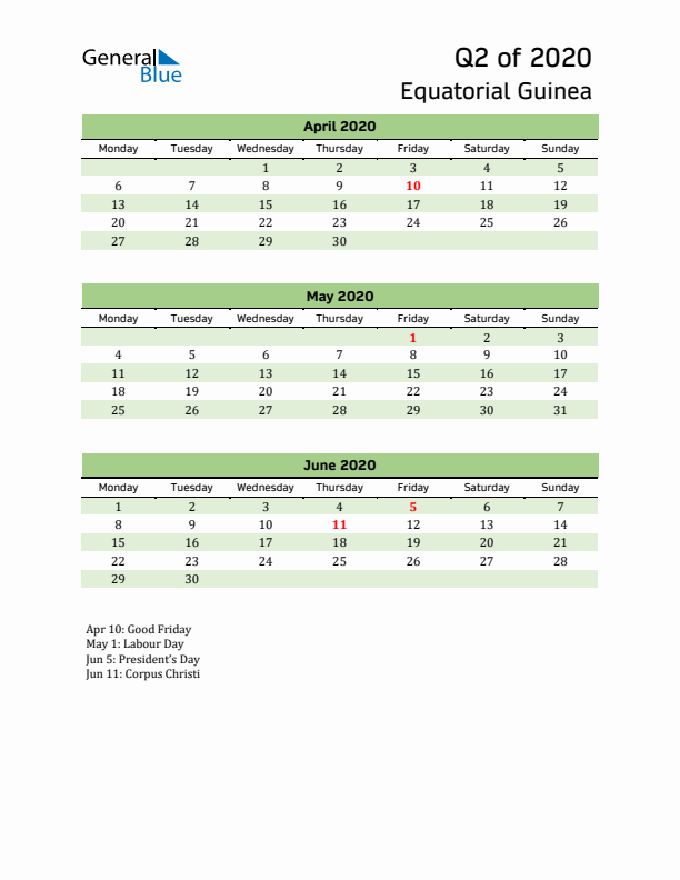 Quarterly Calendar 2020 with Equatorial Guinea Holidays