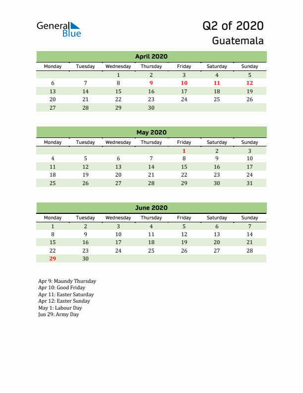 Quarterly Calendar 2020 with Guatemala Holidays