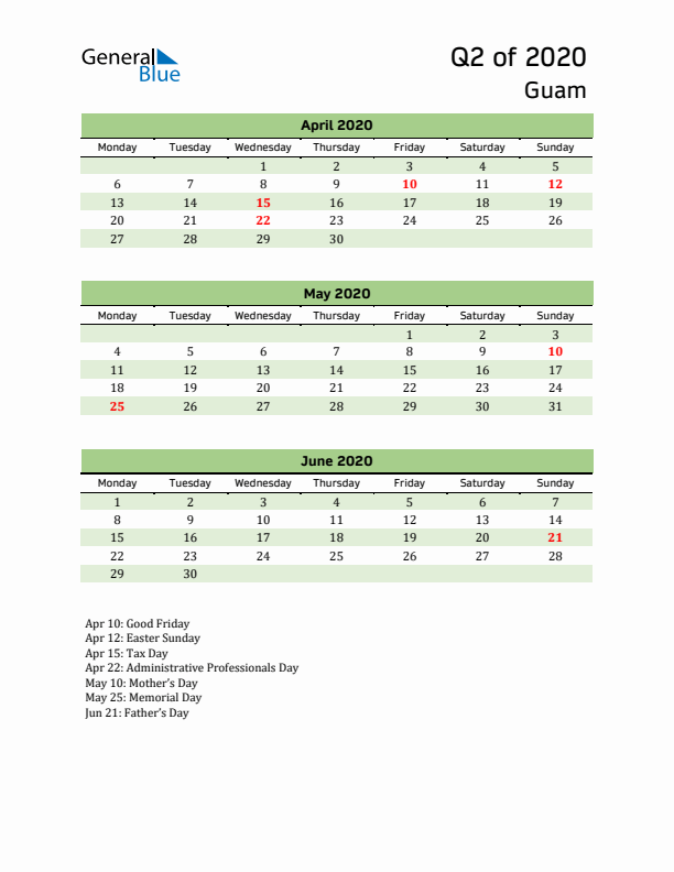 Quarterly Calendar 2020 with Guam Holidays