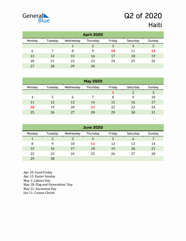 Quarterly Calendar 2020 with Haiti Holidays