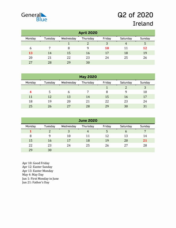 Quarterly Calendar 2020 with Ireland Holidays