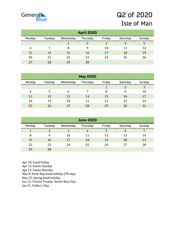 Quarterly Calendar 2020 with Isle of Man Holidays