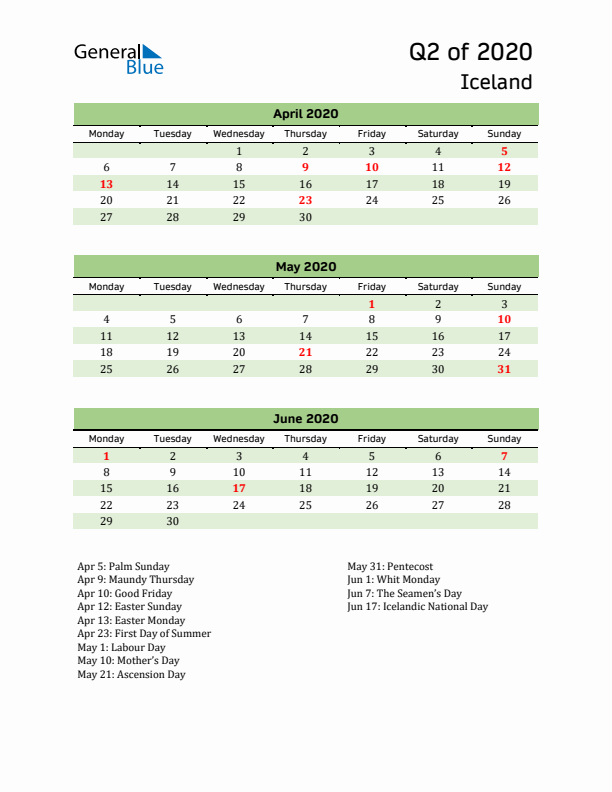 Quarterly Calendar 2020 with Iceland Holidays