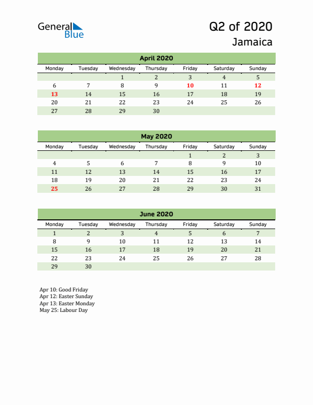 Quarterly Calendar 2020 with Jamaica Holidays