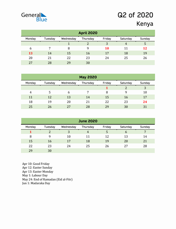 Quarterly Calendar 2020 with Kenya Holidays