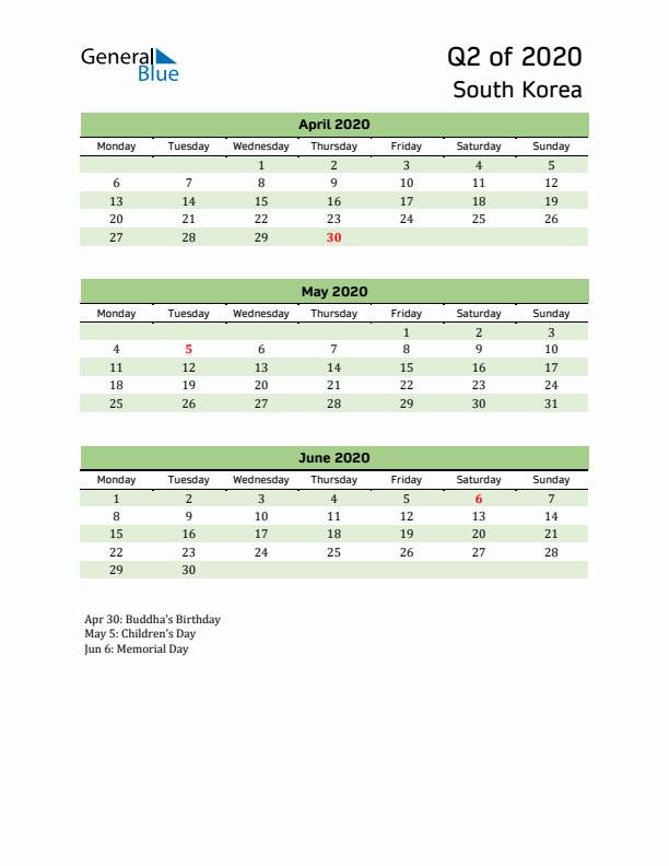 Quarterly Calendar 2020 with South Korea Holidays