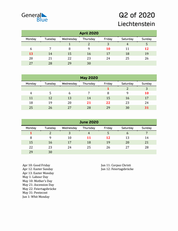 Quarterly Calendar 2020 with Liechtenstein Holidays